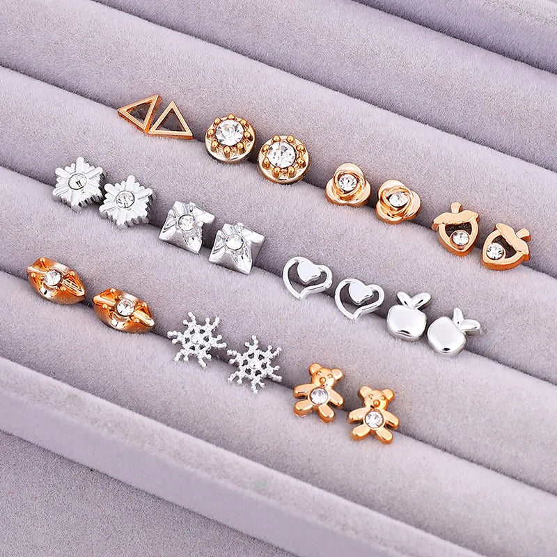 Gold Sliver Enamel Pearl Flower Heart Stud Earring Set close-up view