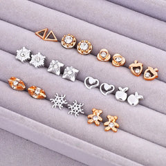Gold Sliver Enamel Pearl Flower Heart Stud Earring Set close-up view