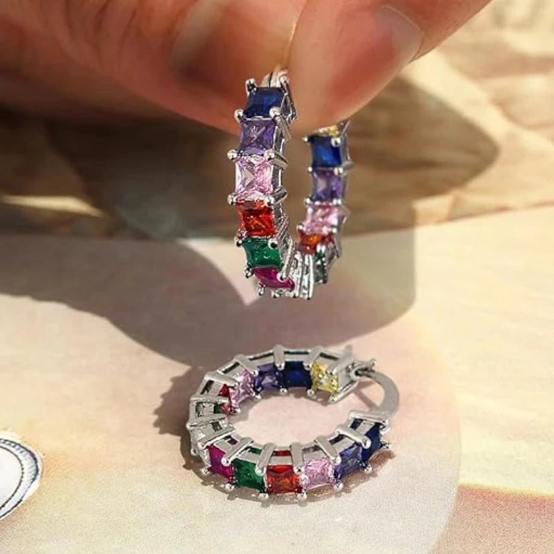 Huitan Princess Square Cubic Zirconia Hoop Earrings Luxury Trendy Ear Circle Earrings close-up view