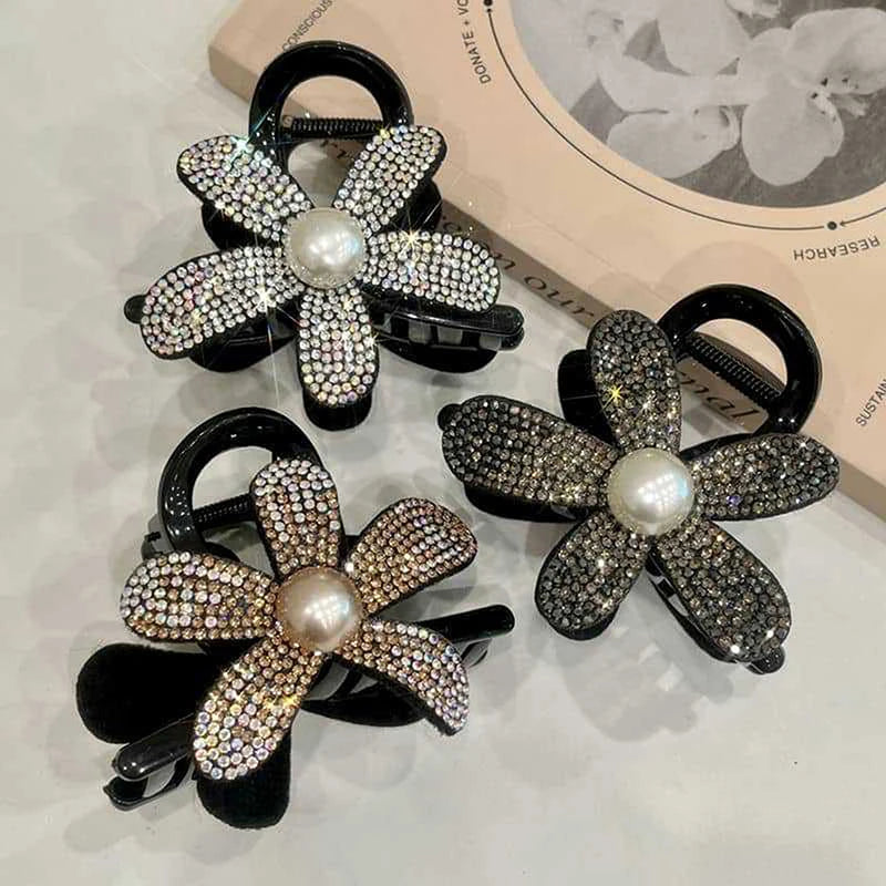 Fashion Shiny Rhinestone Flower Hair Claw Clip Headwear Elegant Black Ponytail Shark Clip Hairgrips For Ladies Hair Accessories