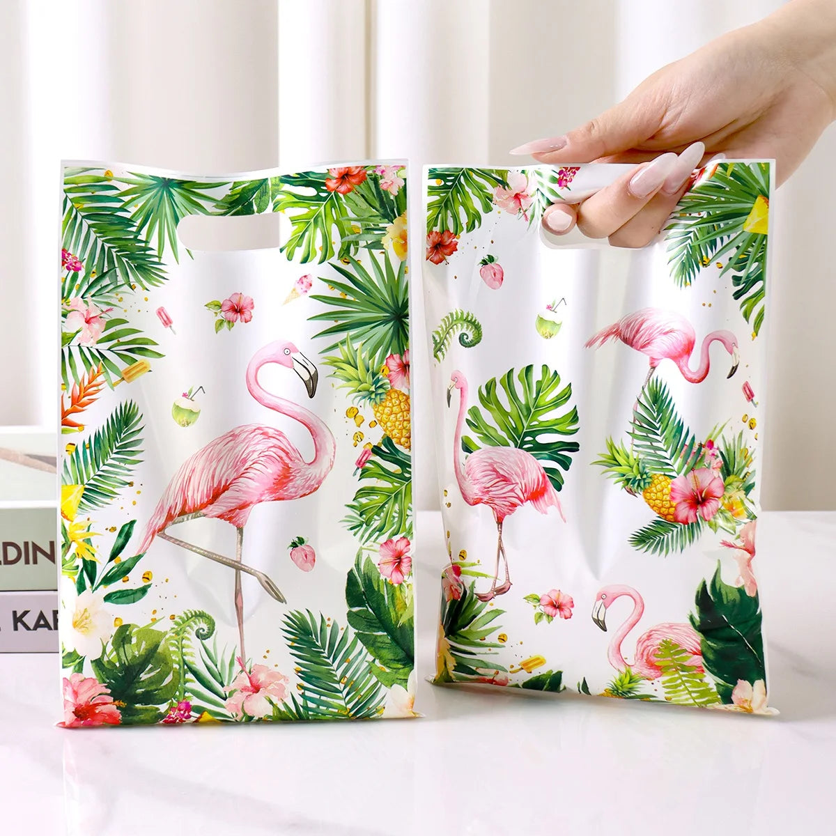 Tropical Hawaiian Party Tablecloth and Flamingo Decor Set | Plastic Table Runner and lifestyle view