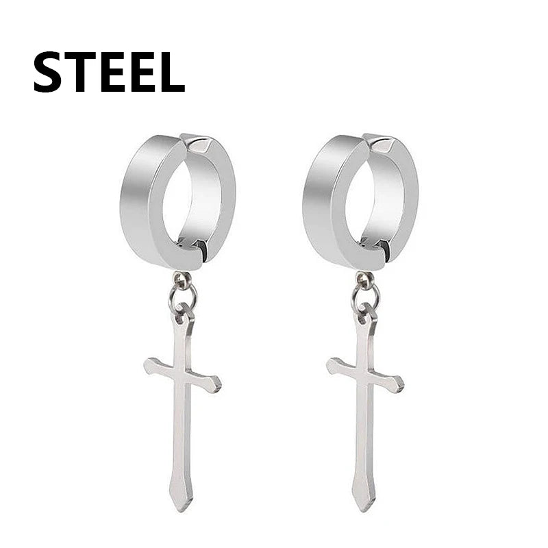Fashion Titanium Steel Cross Ear Clip Earrings For Men Women Stainless Steel Punk Black Single Earring Fake Earrings Jewelry
