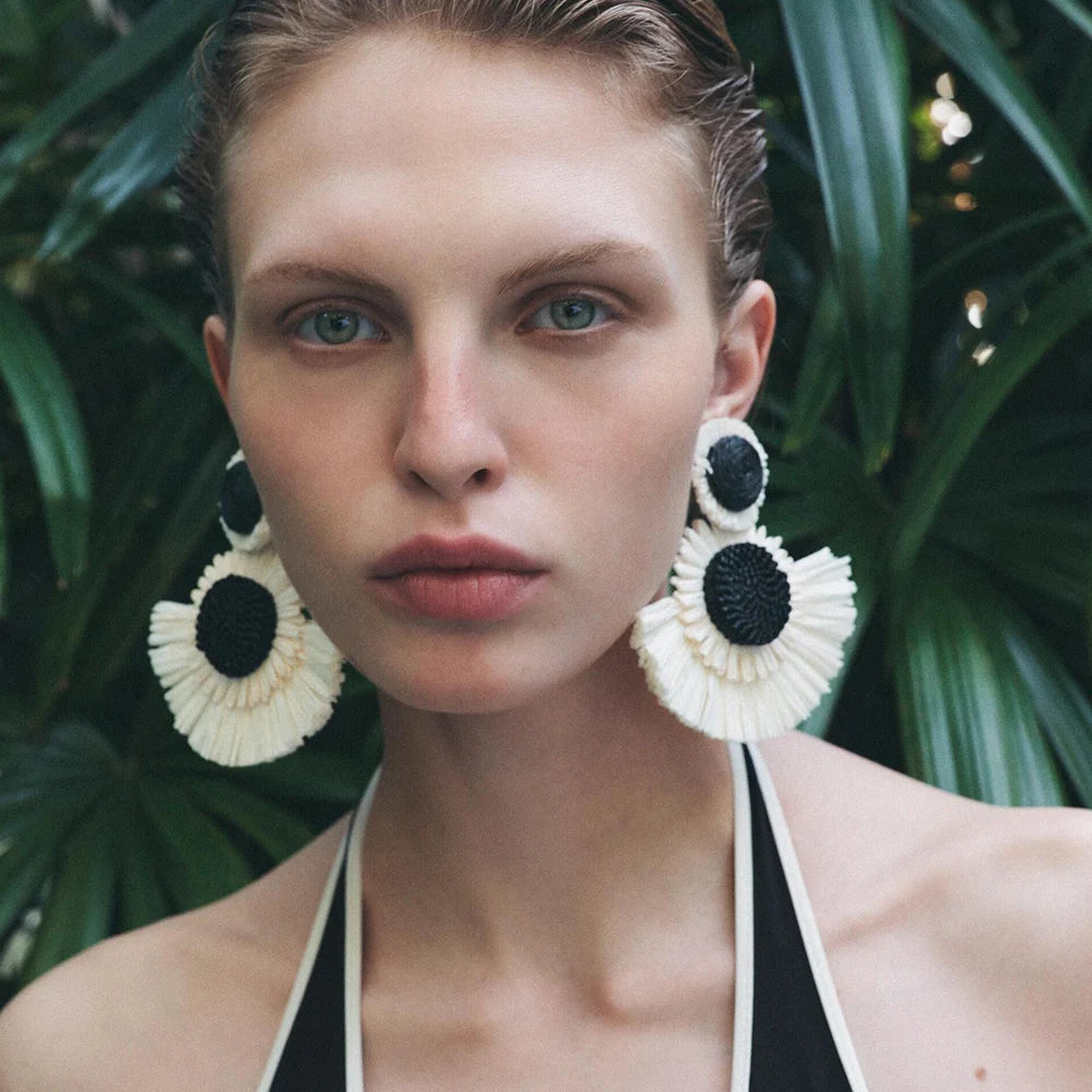 Black And White Raffia Fan Dangle Earrings | Bohemian Tribal Handmade Jewelry alternate view