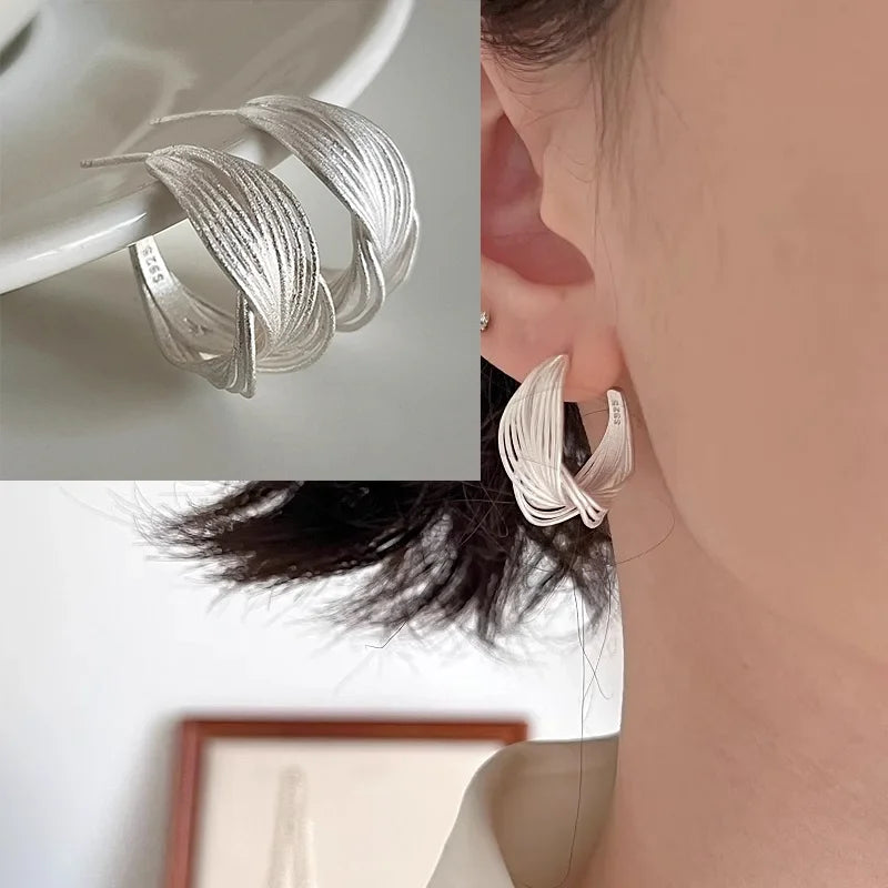 PANJBJ925 Sterling Silver Frosting Hoop Earrings For Women Texture Geometry Design Tr lifestyle view