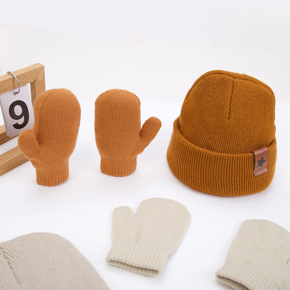 Baby Knitted Hat and Glove Set | Solid Winter Turban with Leather Star Tag additional angle