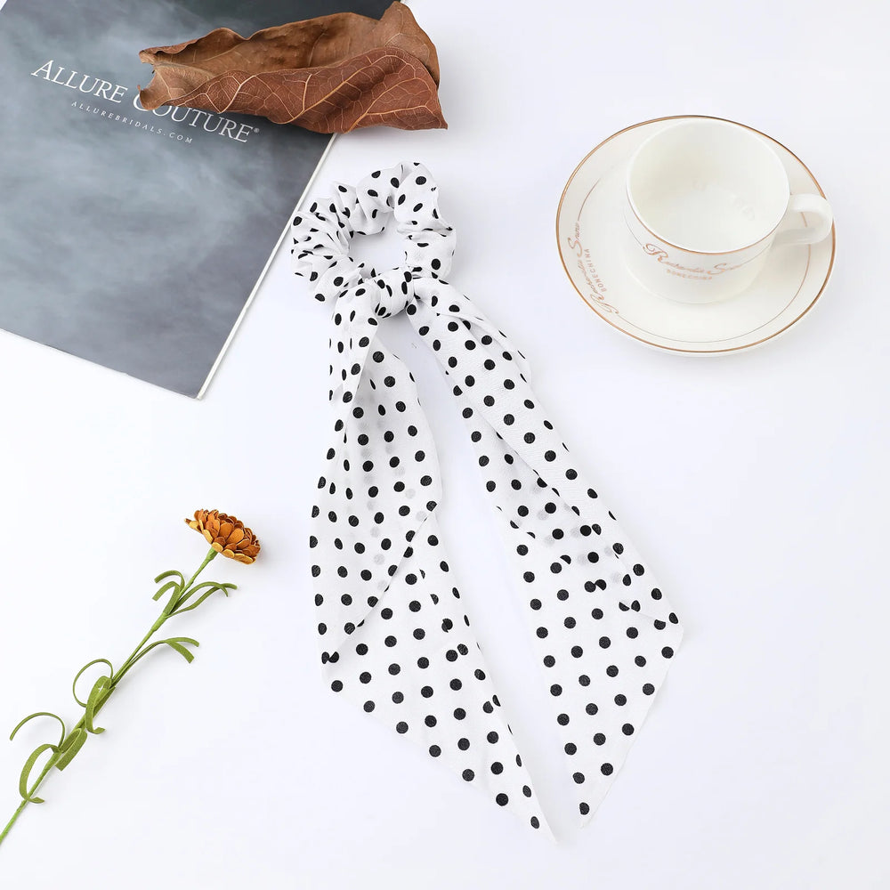 Fashion Flower Print Bow Satin Long Ribbon Ponytail Scarf Tie Scrunchies Women Girls E close-up view