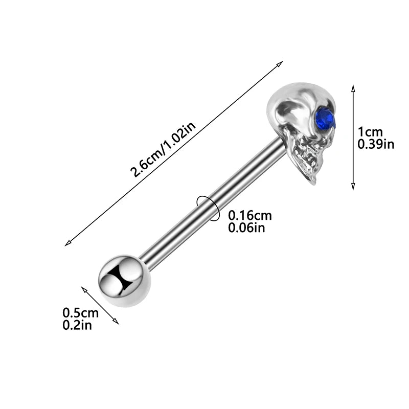 Tongue Rings Stainless Steel 316L, 5 Color Diamond Encrusted Skull Piercing Jewelry alternate view