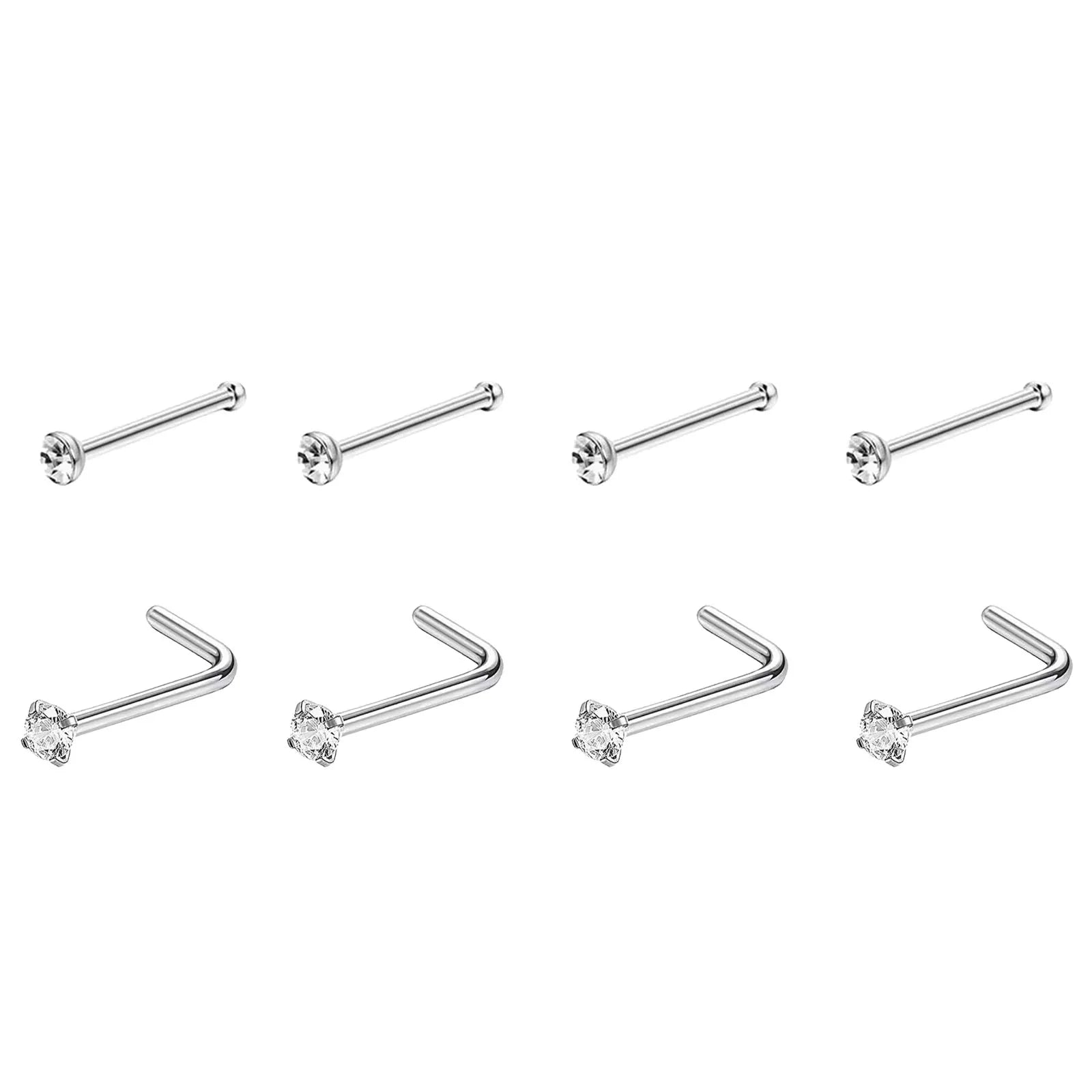 1/4/8PCS 20G 316L Stainless Steel Zircon Nose Piercing Stud for Women Men, L Shape Nos close-up view