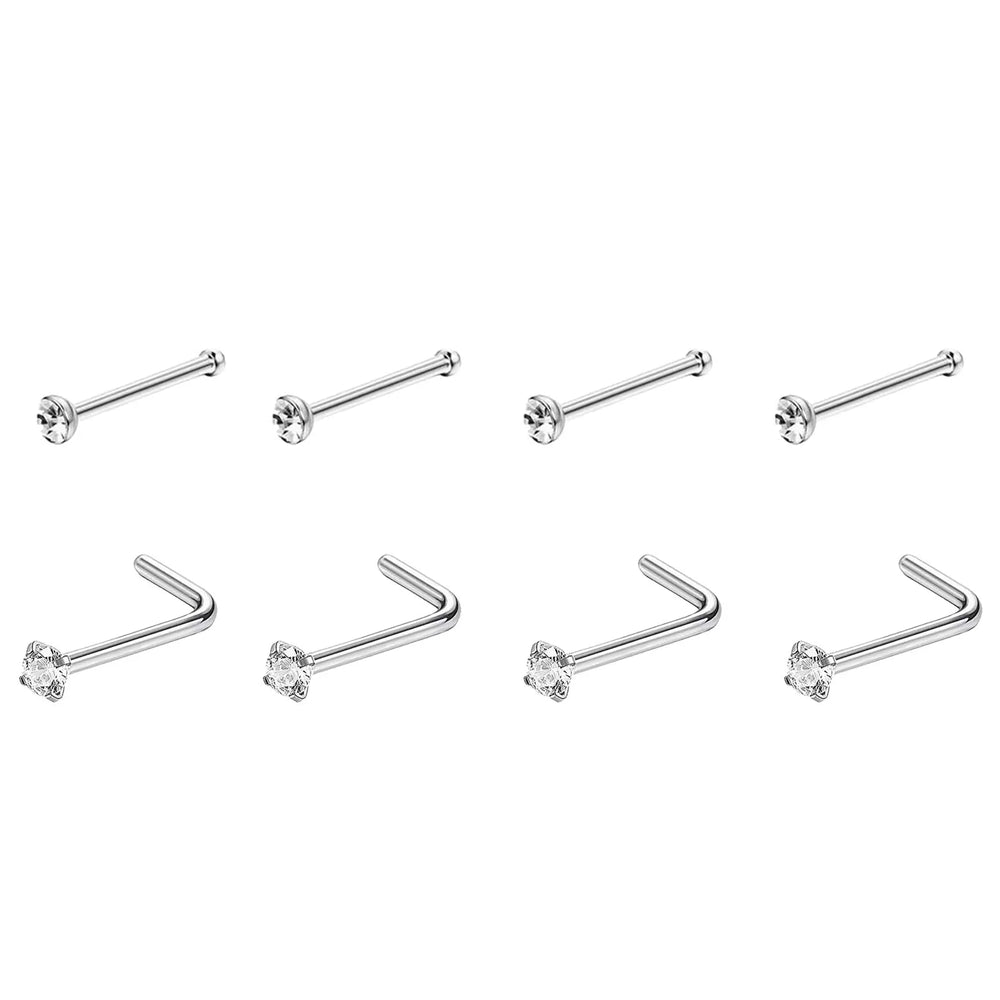 1/4/8PCS 20G 316L Stainless Steel Zircon Nose Piercing Stud for Women Men, L Shape Nos close-up view