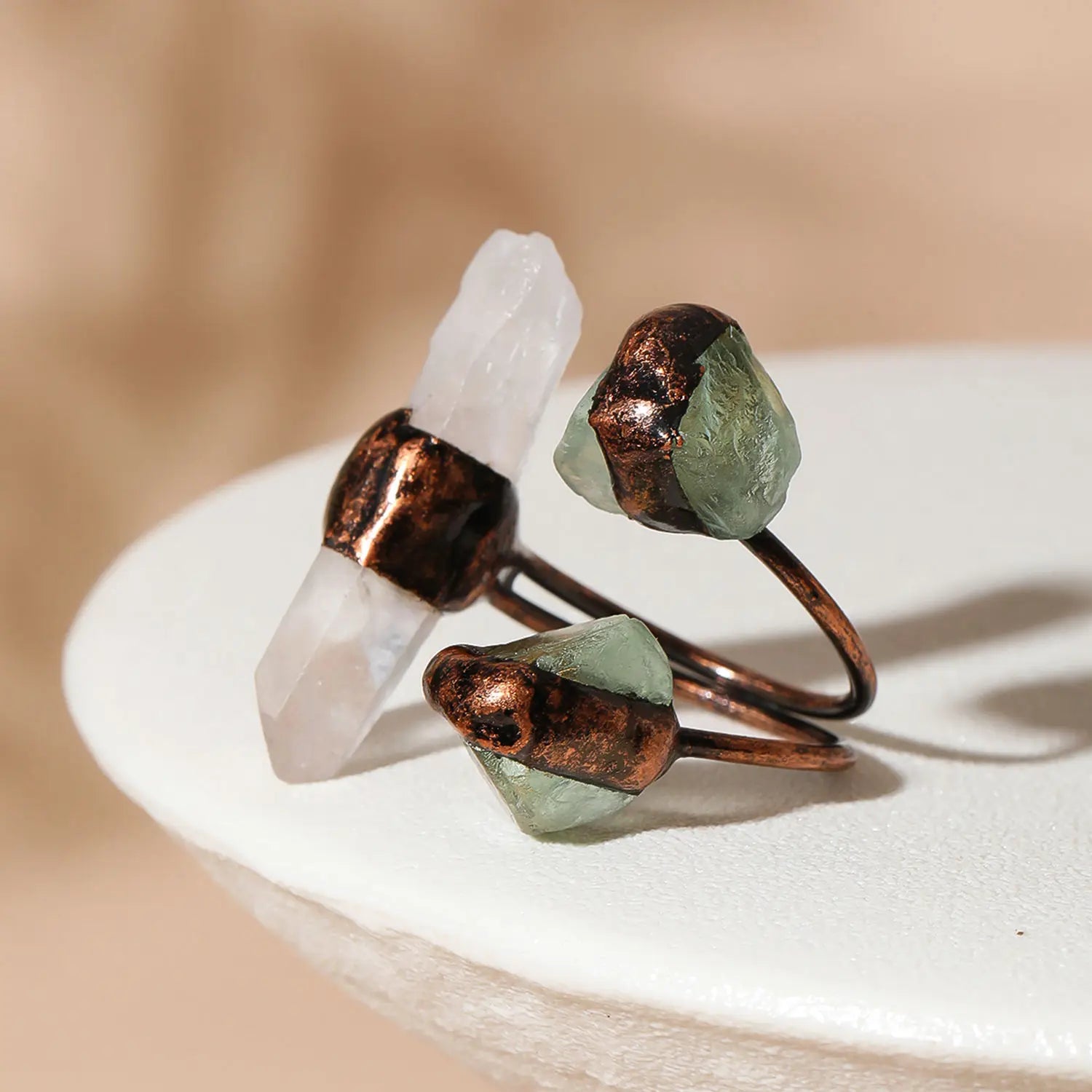 Irregular White Quartz Point Beads Bronze Handmade Rings Jewelry Women Natural Stone lifestyle view