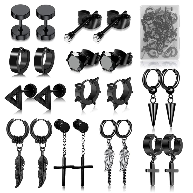1 /11 Pairs Punk Stainless Steel Stud Earrings Black Earrings Set For Men Women Vintage detail view
