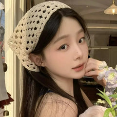 2026 Knitted Hollow Out Triangle Hair Scarf Headband Women Girls Knitted Flower Headband detail view