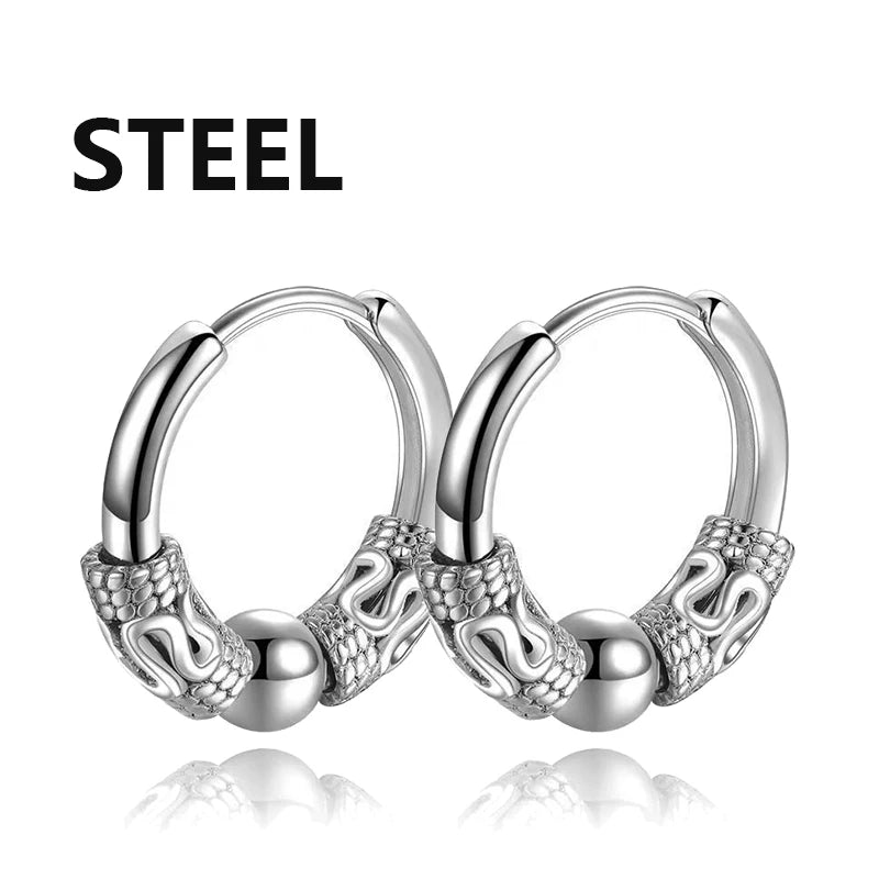 2PC Punk Men's Stainless Steel Hoop Earrings For Women Hip Hop Totem Earring For Men Ear detail view