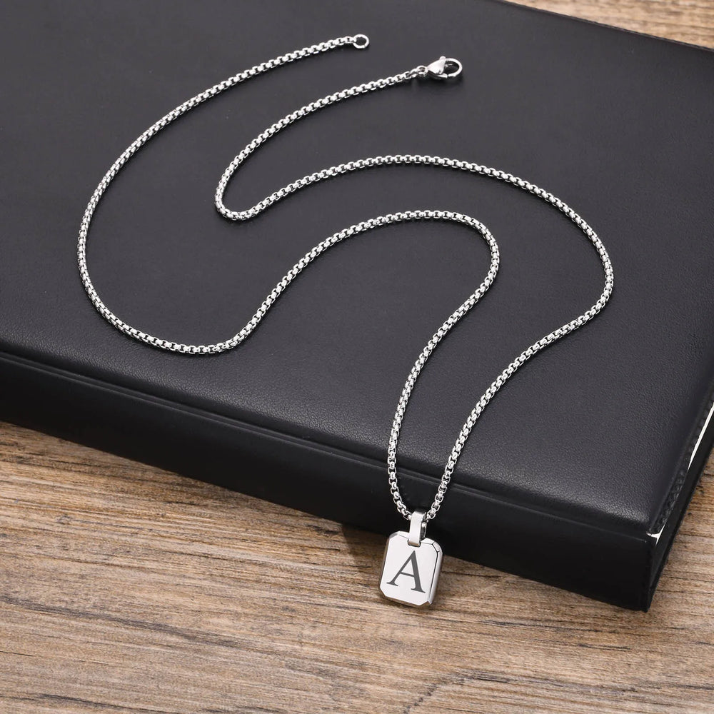 A-Z 26 Letters Stainless Steel Initials Necklace | Waterproof Square Pendant for Men lifestyle view