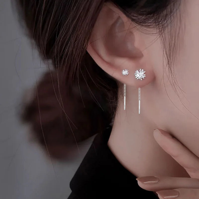 S925 Silver Dandelion Drop Earrings | Women's Trendy Chain Tassel Jewelry close-up view