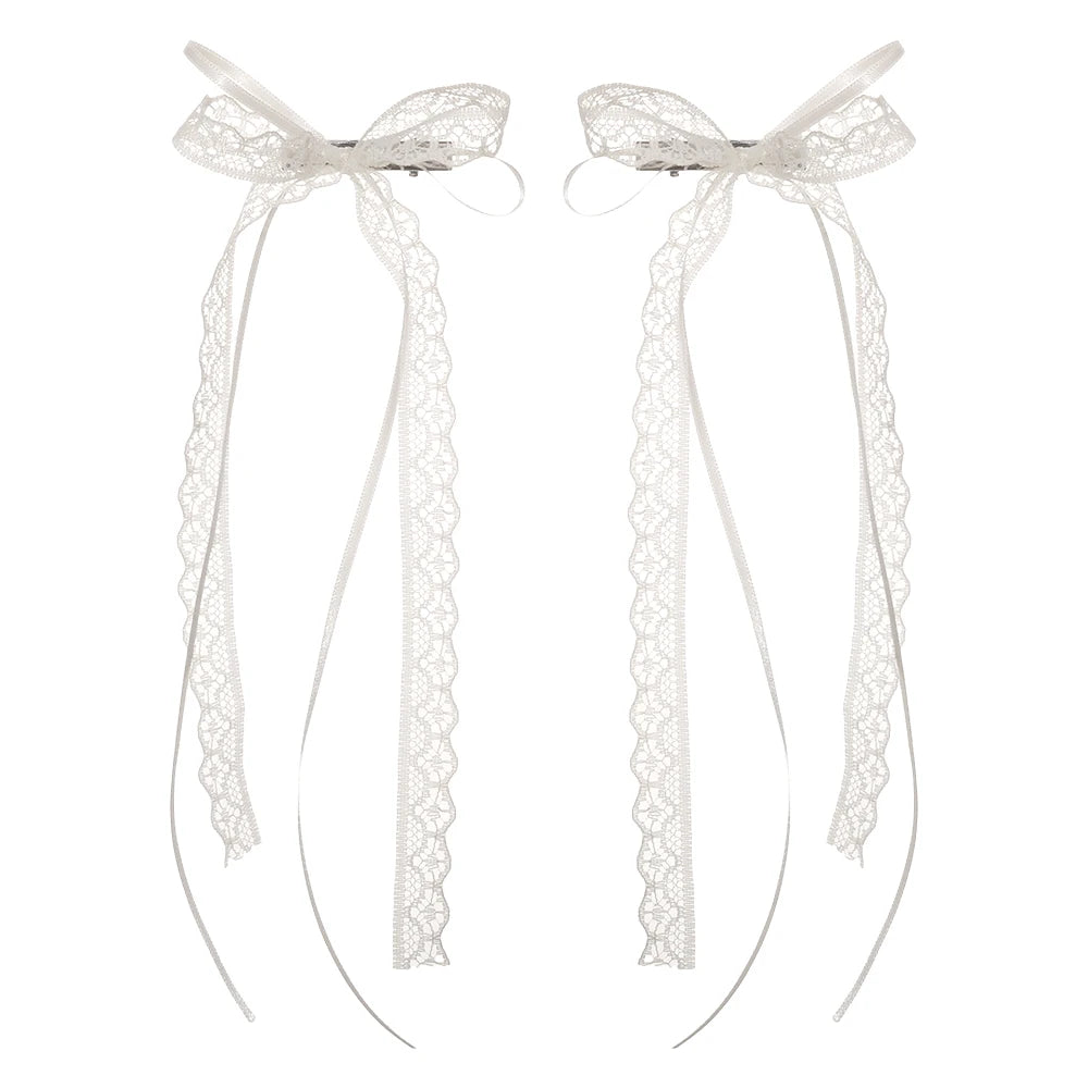 2Pcs White Sweet Lace Long Bow Hair Clip Women Girls Ribbon Tassel Bowknot Hair Pins Braid Barrettes Trend Hollow Out Headwears