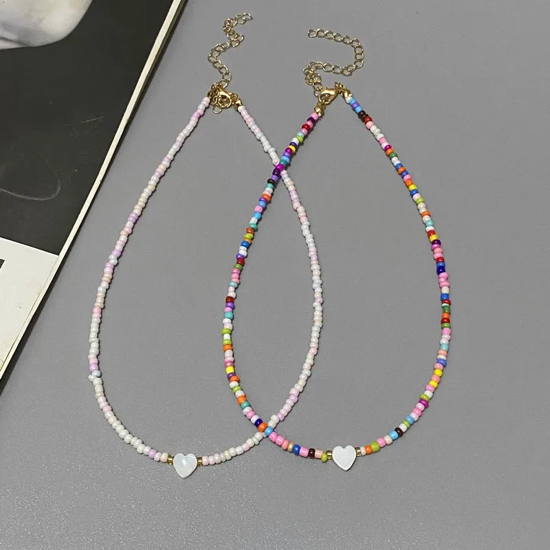 New Nature Shell Love Heart Choker Necklace for Girl Spring Summer Fashion Small Colorful Glass Bead