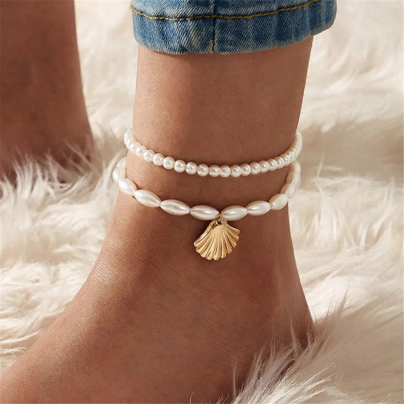 Modyle New Fashion Bohemian Simulated Pearl Chain Wedding Anklet Bracelet for Women Gold detail view