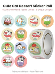1Roll(500Pcs) Cute Cats in Cup Lovely Animal Stickers | 8 Designs DIY Decal Gift
