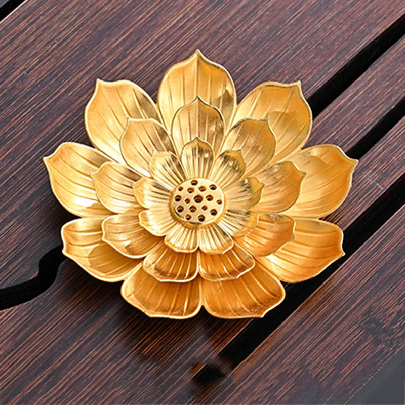 Porous Lotus Zen Line Incense Holder | Retro Metal Sandalwood Burner Tray close-up view
