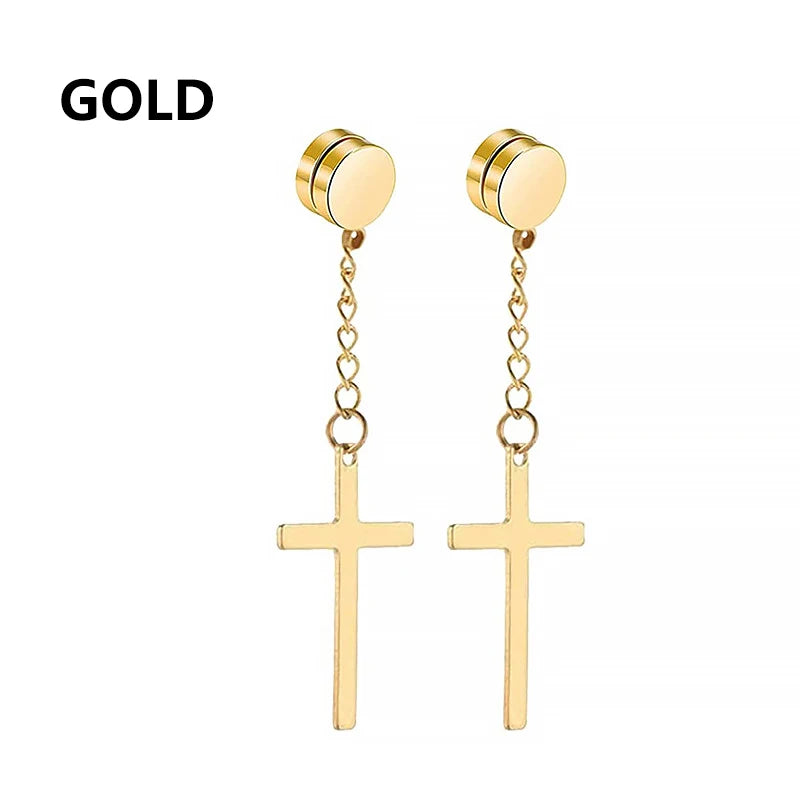 2pcs Punk Mens Strong Magnet Magnetic Cross Ear Stud Set Non Piercing Earrings Fake Ea close-up view