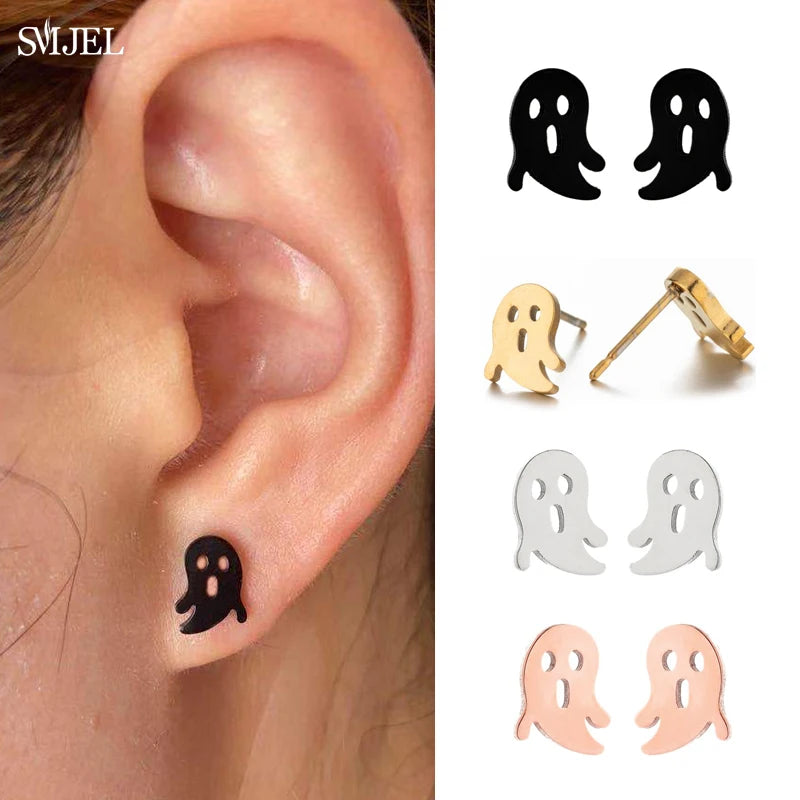 Punk Halloween Earring Black Stainless Steel Ghost Pirate Skull Stud Earrings Women additional angle