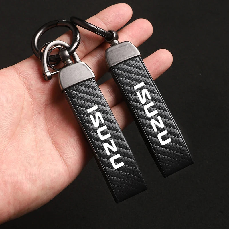 Isuzu Dmax Keychain with Microfiber Leather | Carbon Fiber Style Key Ring close-up view