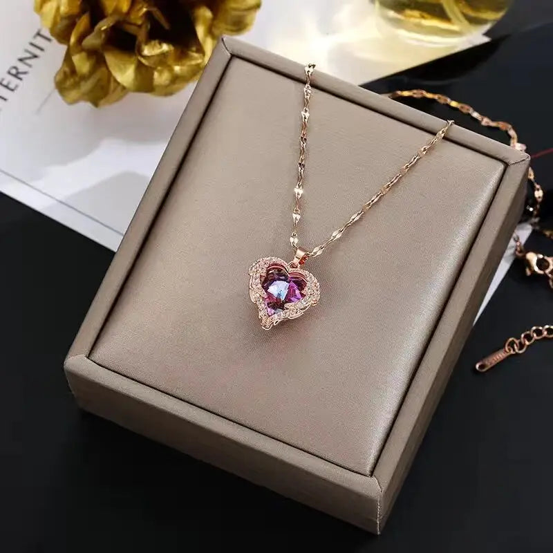Stainless Steel Crystal Heart Pendant Necklace | Ocean Blue Jewelry for Women close-up view