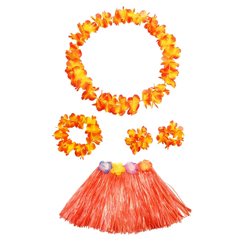 Kids Hawaiian Luau Costume Set | Grass Skirt Lei Flower Bracelets Headband close-up view