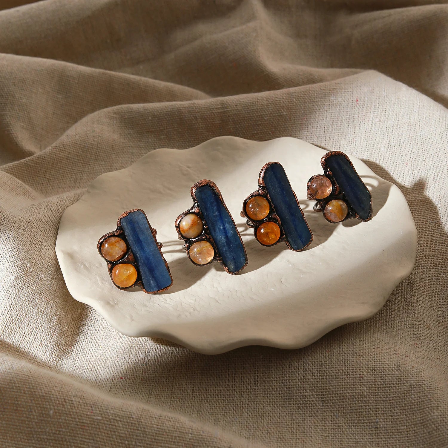 Irregular White Quartz Point Beads Bronze Handmade Rings Jewelry Women Natural Stone A close-up view