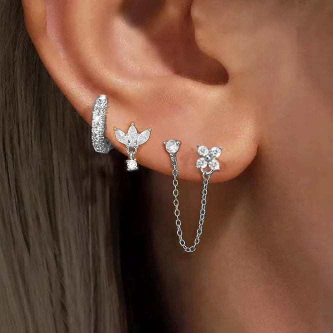 3PCS Stainless Steel Crown Chain Tassel Zircon Drop Earring Flower Ear Stud For Women close-up view