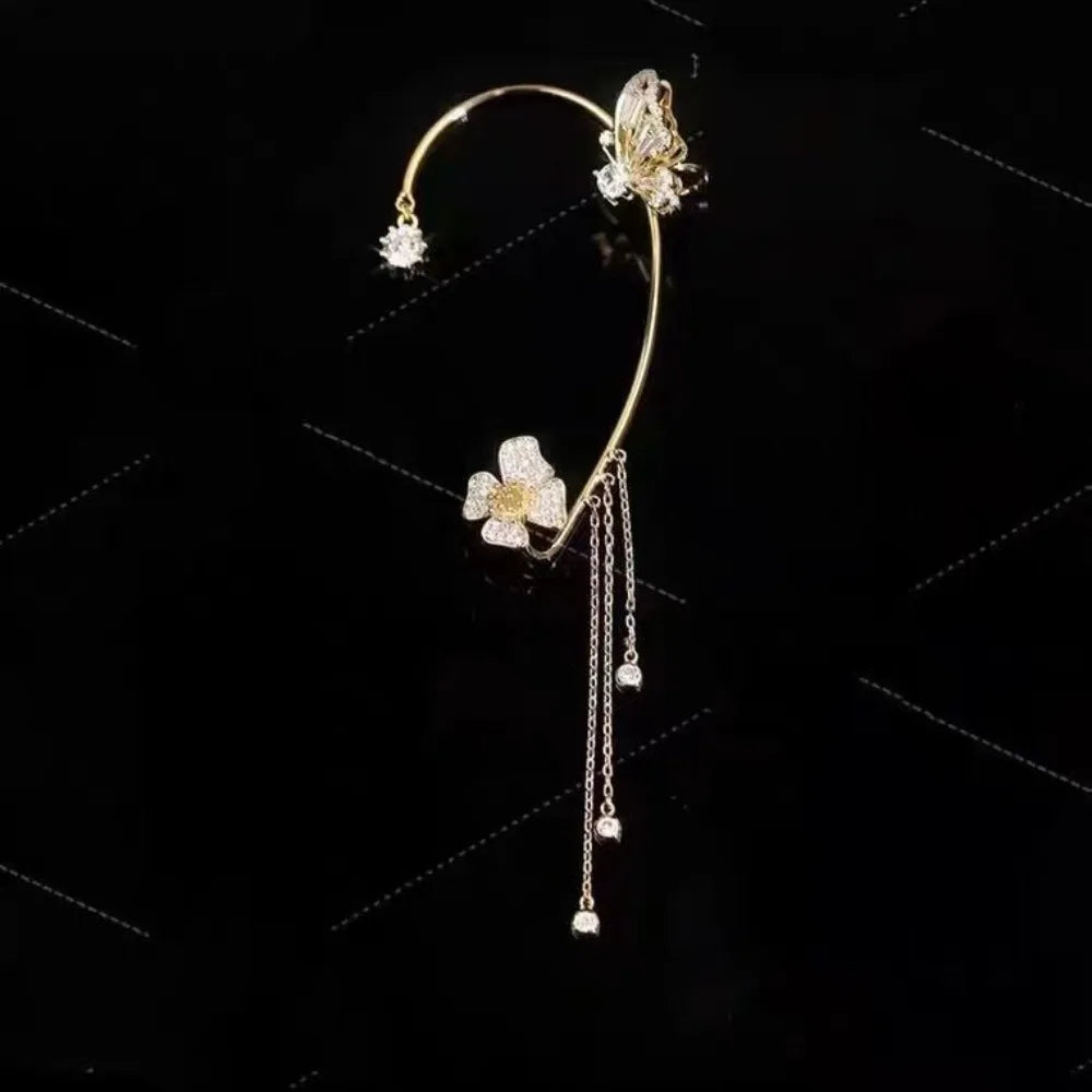 Sparkling Zircon Flower Butterfly Ear Bone Clip for Women Without Piercing Tassel Ear lifestyle view
