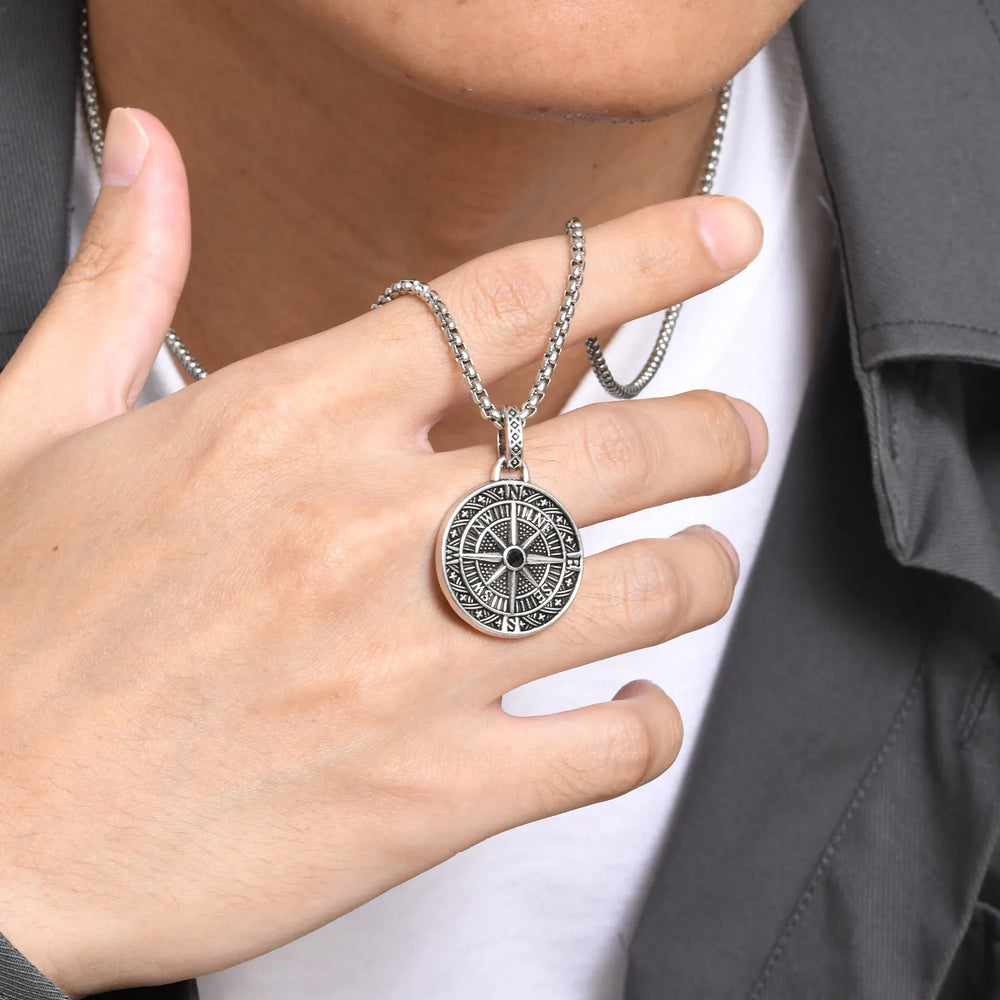 Vintage Compass Pendant Necklace | Stainless Steel Coin Necklace for Men close-up view