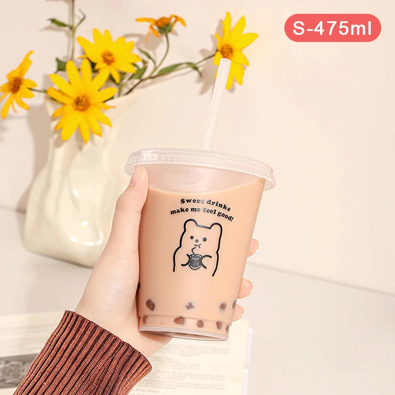 Kawaii Water Bottle For Coffee Juice Milk Tea Cute Plastic Cold Cups With Straw Lid P alternate view