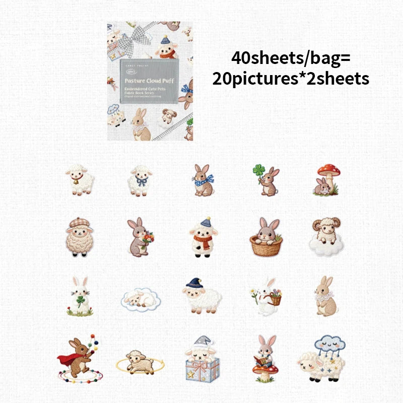 Kawaii Embroidered Fabric Pet Sticker Set | 40Pcs White Kraft Paper Journal Decor alternate view
