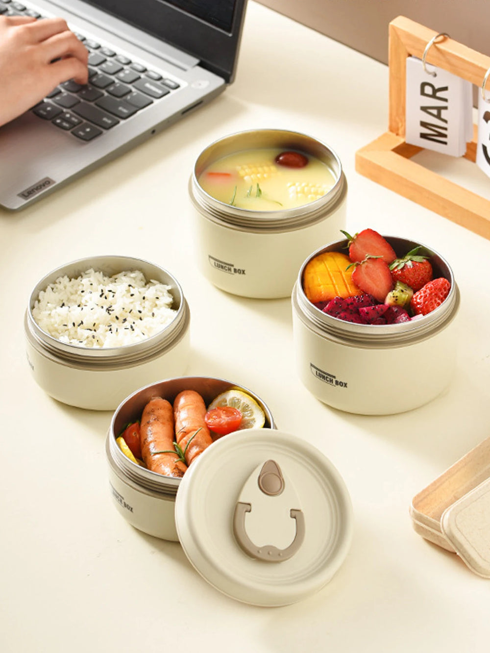 Portable Insulated Food Lunch Container Set | Thermal Lunch Box with Stackable Bowls close-up view
