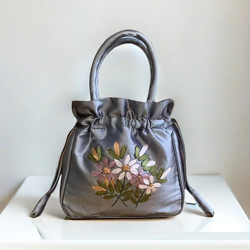 Small Embroidered Flower Bucket Bag | Women's Top Handle Drawstring Purse lifestyle view