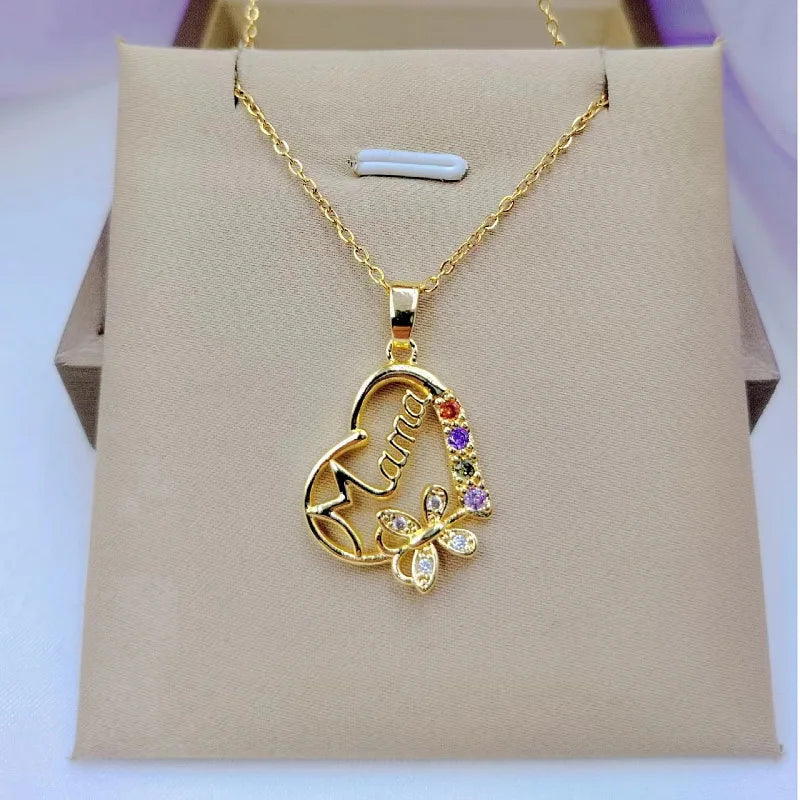 Crystal Heart Mama Necklace | Stainless Steel Pendant Jewelry for Mom lifestyle view