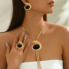 Elegant French Spiral Black Resin Stone /Imitation Baroque Pearl Jewelry Set Women Herringbone Chain