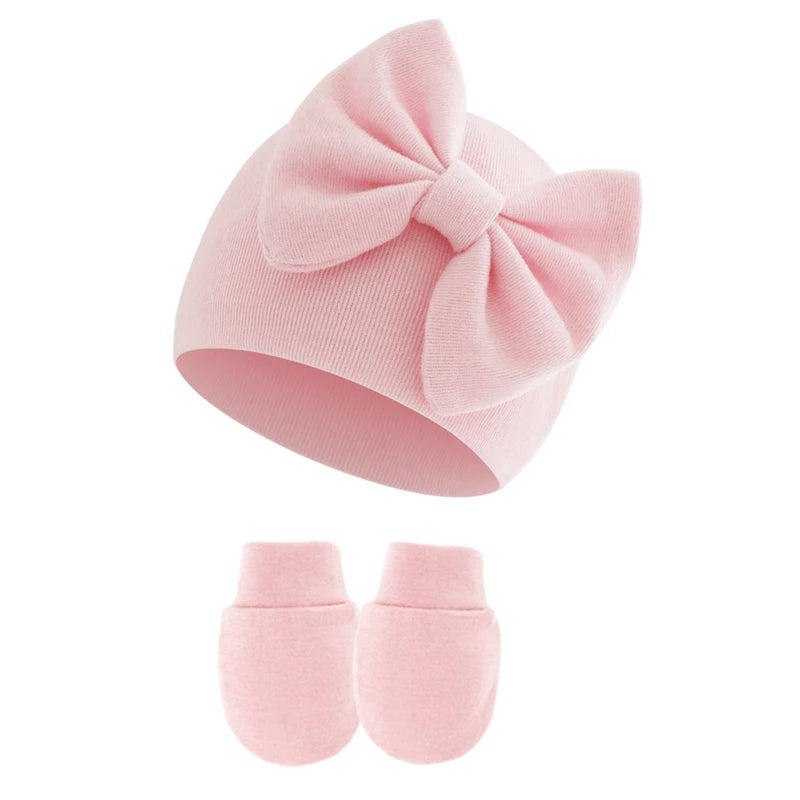 2Pcs Baby Girl Hat and Gloves Set | Newborn Princess Beanie with Big Bow for 0-6 Month close-up view