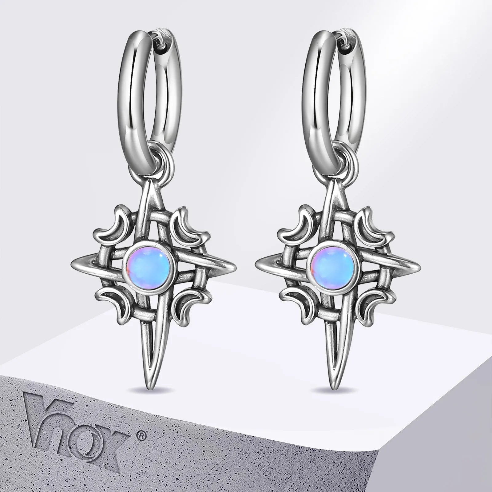 Vnox Vintage Star Moon Stone Earrings for Men Women, Hypoallergenic Stainless Steel Hoop Earrings Gi