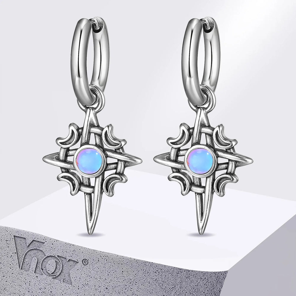 Vnox Vintage Star Moon Stone Earrings for Men Women, Hypoallergenic Stainless Steel Hoop Earrings Gi