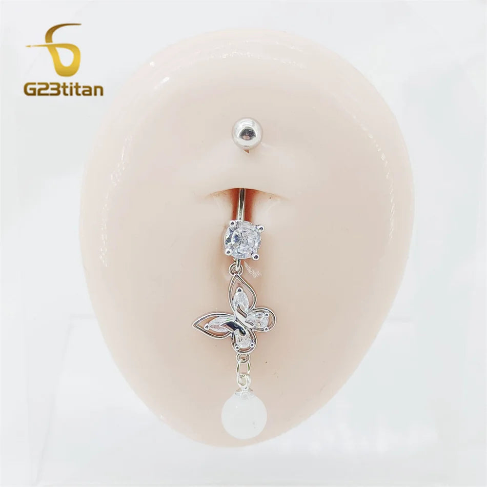 Long Belly Button Rings for Women 14G Titanium Bar Butterfly Heart Charms Dangle Navel P detail view