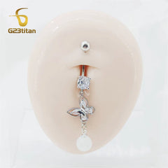 Long Belly Button Rings for Women 14G Titanium Bar Butterfly Heart Charms Dangle Navel P detail view