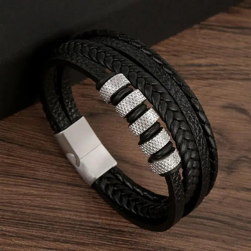 Classic Men's Leather Bracelet New Style Hand-woven Multi-layer Combination Accessory close-up view