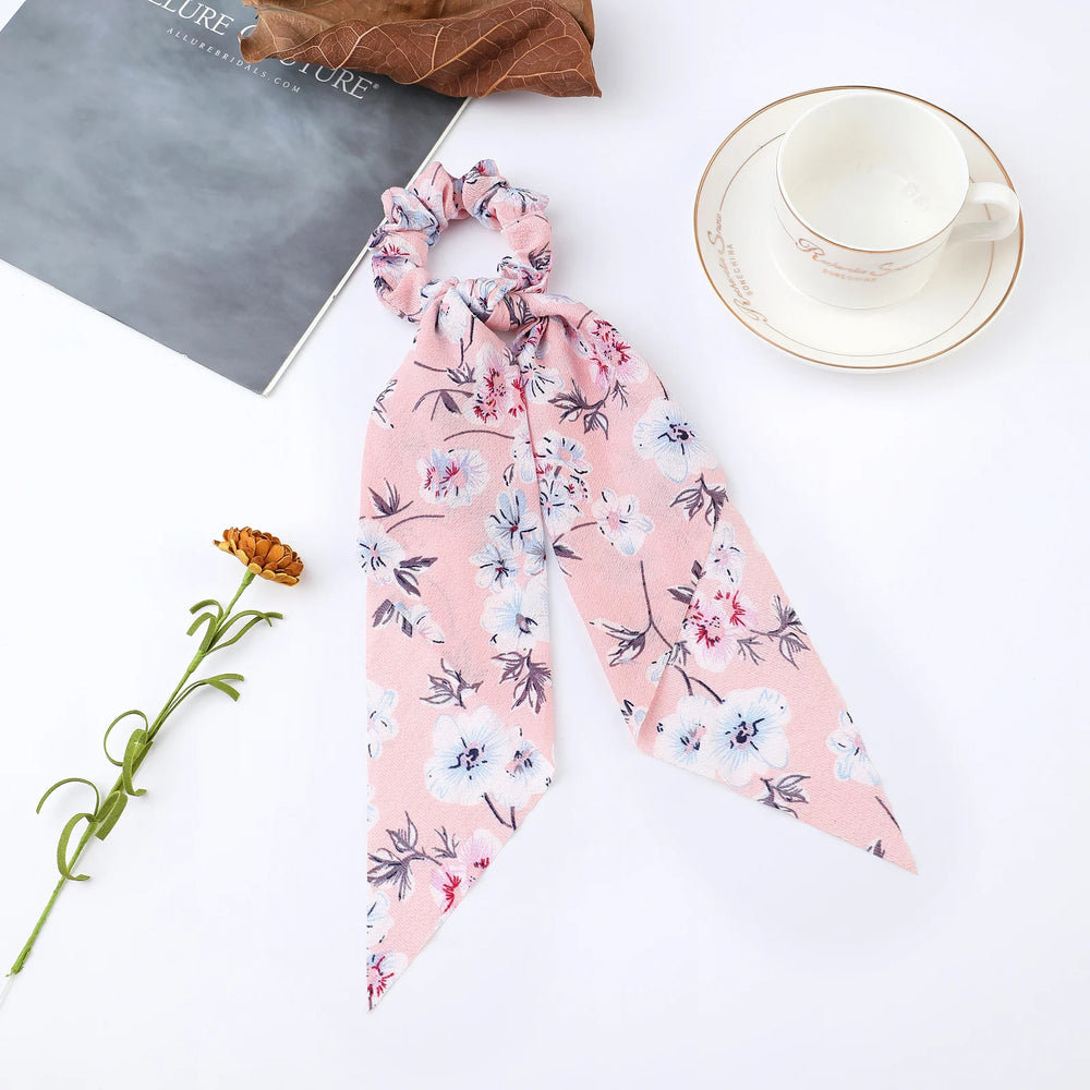 Fashion Flower Print Bow Satin Long Ribbon Ponytail Scarf Tie Scrunchies Women Girls Ela detail view