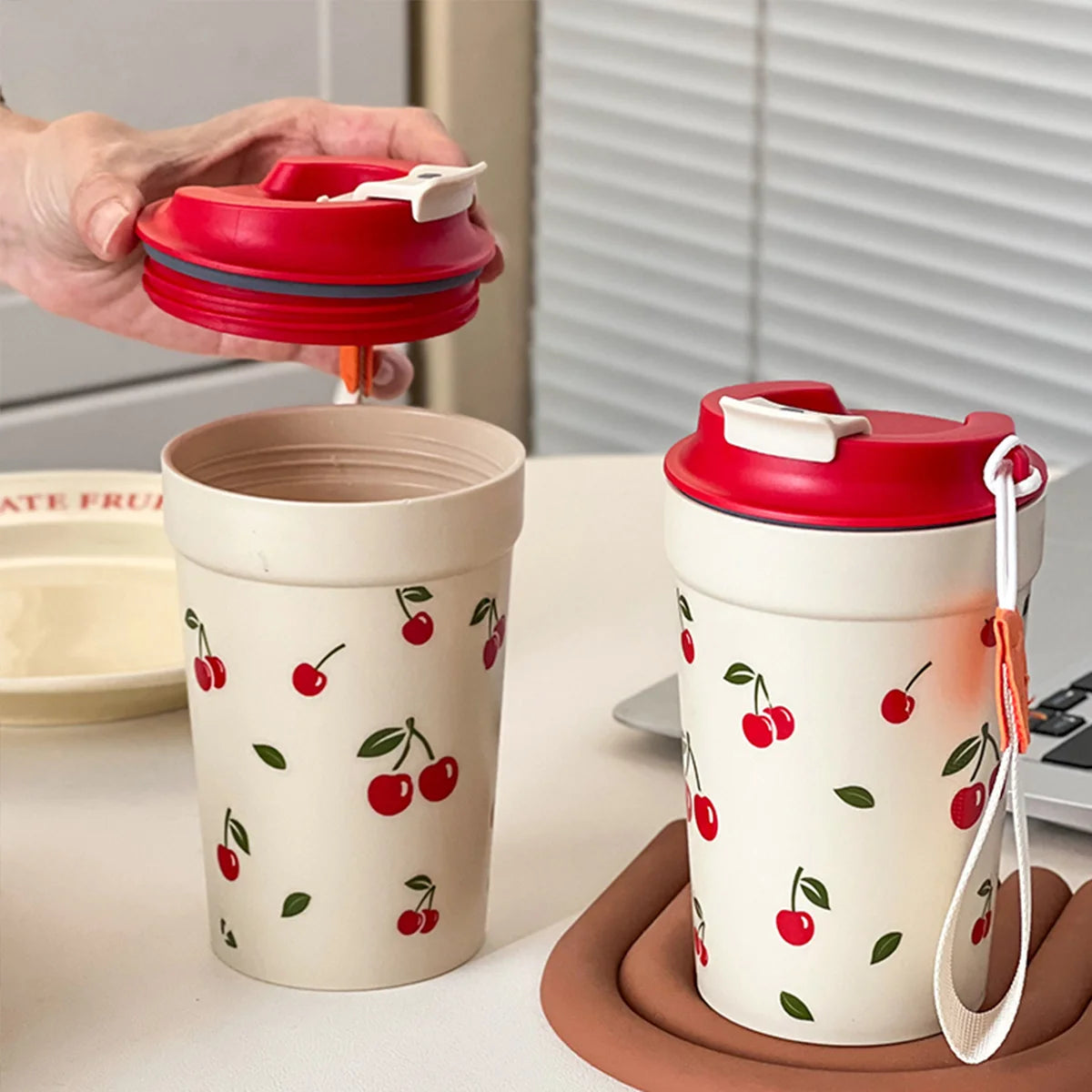 350/400ML Plastic Coffee Mug With Cherry Pattern Travel Portable Water Bottle Tumbler lifestyle view