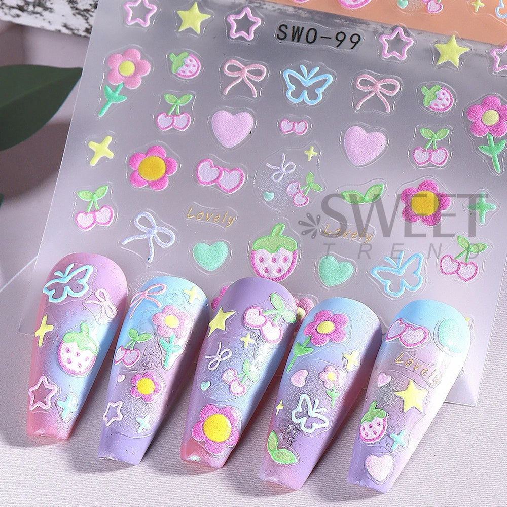 2pcs Sweet Element Nail Art Stickers Simple Flower Heart Cherry Strawberry Kawaii D additional angle