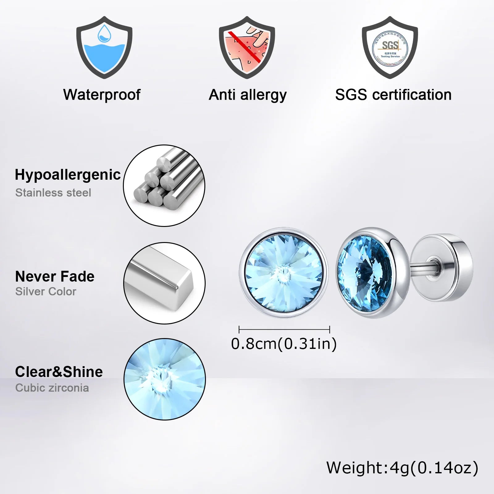 Anti Allergy Round Zircon Stud Earring for Men,AAA CZ Stone Stainless Steel Ear Stud, lifestyle view
