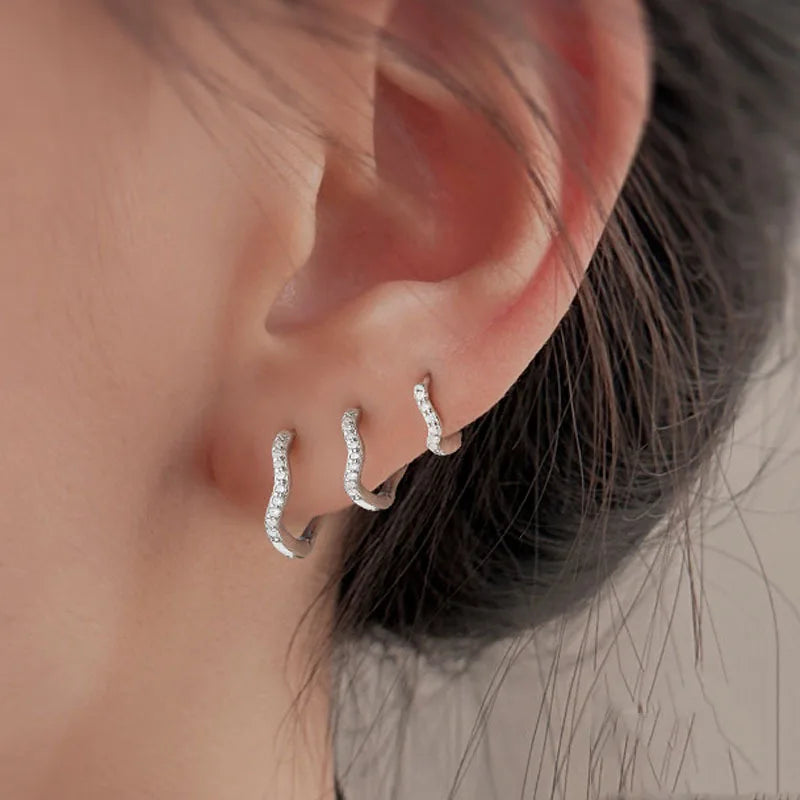 Stainless Steel Minimal Wave Hoop Earrings Crystal Zirconia Small Huggie Thin Cartilage Earring Pier